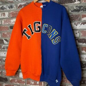 Vintage 80’s-90’s Custom Split “Tig/Cons” Orange/Royal Blue Crewneck Sweater
